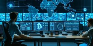 Two analysts monitoring cryptocurrency markets on multiple screens with global Bitcoin network data visualization 
