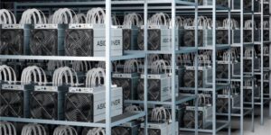 Rows of ASIC miners stacked on metal racks in a high-density bitcoin mining facility 