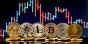 altcoins including bitcoin and ethereum with candlestick trading chart