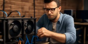 man assembling cryptocurrency mining rig with cooling fans