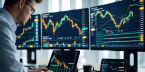  trader analysing cryptocurrency investment charts on multiple screens
