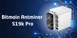 S19k Pro bitcoin mining hardware with digital background