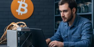 man operating bitmain antminer setup for bitcoin mining 