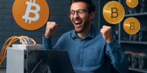 happy bitcoin miner celebrating mining success beside ASIC machine 