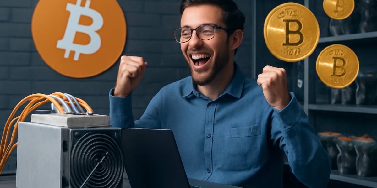 happy bitcoin miner celebrating mining success beside ASIC machine