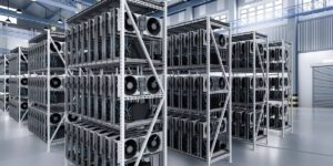 bitcoin mining pool facility with rows of mining rigs 