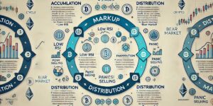Infographic showing the crypto market cycle stages including accumulation, markup, distribution, and panic selling