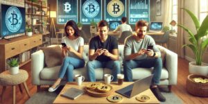 Young Australian investors checking crypto markets on phones with Bitcoin symbols in a casual home setup highlighting common mistakes in market cycles 