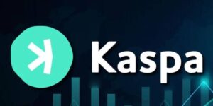 Kaspa mining logo with digital chart background