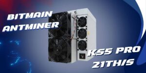 Bitmain Antminer KSS Pro crypto mining machine on blue tech background