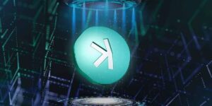 Kaspa cryptocurrency symbol in a digital futuristic environment