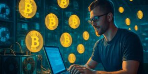 Bitcoin miner working on laptop surrounded by digital coins and Energy Prices impact 