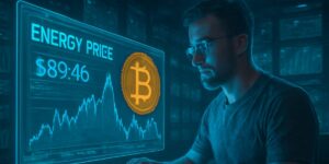 Man analyzing Bitcoin data while monitoring Energy Prices at $89.46 