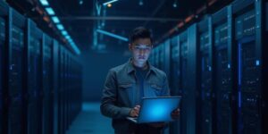 Engineer assessing regional electricity cost for Bitcoin mining in data center 
