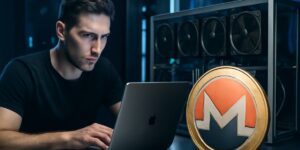 Man using a laptop for Monero cryptocurrency mining beside mining equipment.