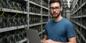 Man with laptop monitoring cryptocurrency mining rigs in a large facility