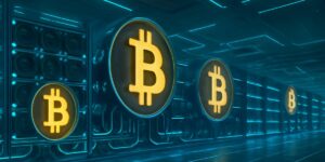 Bitcoin Mining with Hosting inside a modern crypto data centre featuring illuminated Bitcoin symbols