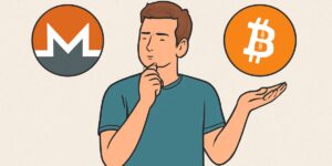 Man comparing Monero and Bitcoin, weighing options between two cryptocurrencies