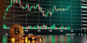 Bitcoin coins in front of a trading chart showing cryptocurrency price movement