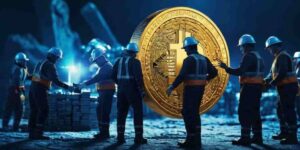 Illustration of miners in safety helmets working together with a giant bitcoin symbol in the background.