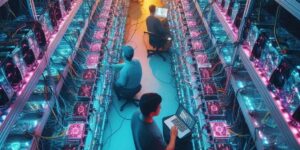 Technicians monitoring cryptocurrency mining rigs with laptops inside a data centre.