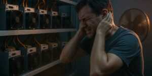 Man covering his ears due to loud noise from multiple ASIC mining machines operating in a mining facility.