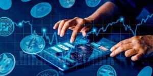 Hands managing cryptocurrency data on a digital tablet with Bitcoin and other crypto symbols in the background.