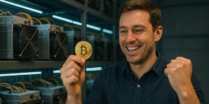 Man celebrating Bitcoin mining success while holding a Bitcoin coin in front of Bitmain Antminer S21 + Pro units.