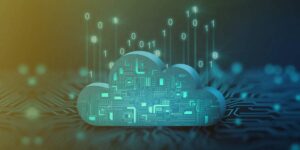 Cloud mining concept shown as a digital cloud with circuit patterns and binary code.