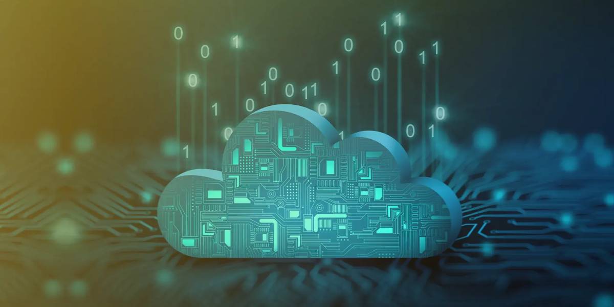 Cloud mining concept shown as a digital cloud with circuit patterns and binary code.