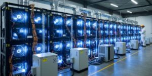 Large industrial Bitcoin mining facility with ASIC racks and cooling units, illustrating The Main Cloud Miners Models concept.