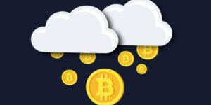 Clouds releasing Bitcoin coins to illustrate cloud mining comparison with bitcoin mining normal way.
