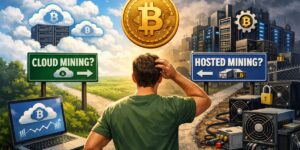 Person at a crossroads comparing bitcoin cloud mining and hosted mining, with Bitcoin icons, data centres, and a laptop showing mining performance.