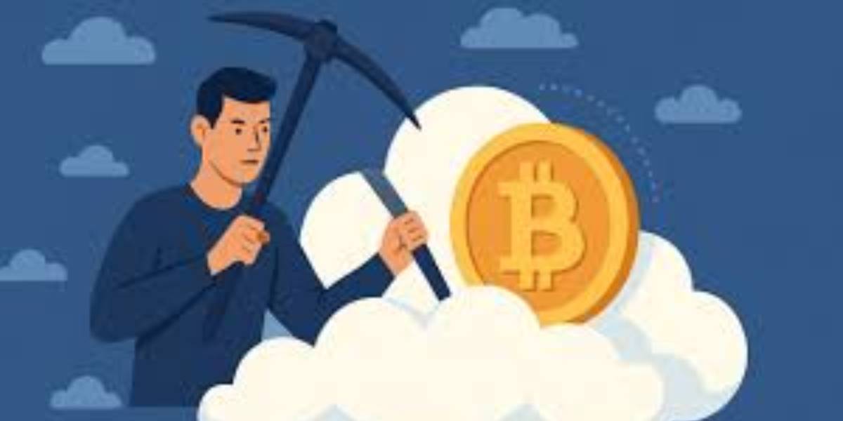 Illustration of a man mining a cloud to reveal a Bitcoin coin, representing bitcoin cloud mining.