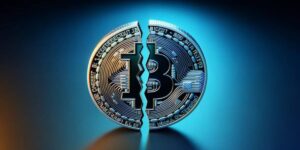 Split Bitcoin coin symbolising the Bitcoin halving event and reduced mining rewards in bitcoin cloud mining.