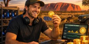 Smiling man holding a bitcoin coin beside a laptop with market charts, with mining hardware and an outback landscape behind.