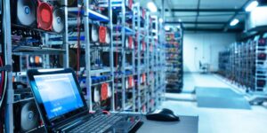 Laptop beside rows of mining rigs in a data centre, showing bitcoin mining rewards.