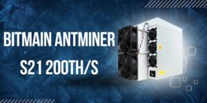 Bitmain Antminer S21 200TH/s ASIC miner product graphic on a blue background.