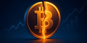 Glowing bitcoin coin split down the middle, symbolising the bitcoin halving.