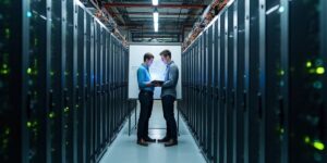 Two technicians working between server racks in a data centre