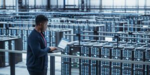 Technician reviewing server performance in a large-scale cryptocurrency mining facility