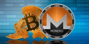 Illustration of Bitcoin and Monero coins against a digital binary background, representing cryptocurrency, privacy coins, and blockchain technology