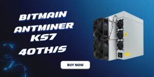 Bitmain Antminer KS7 40TH/s crypto miner with buy now call-to-action on a blue promotional banner.