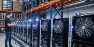 Bitcoin mining payout system monitored by a technician in a crypto mining facility with rows of active ASIC miners.