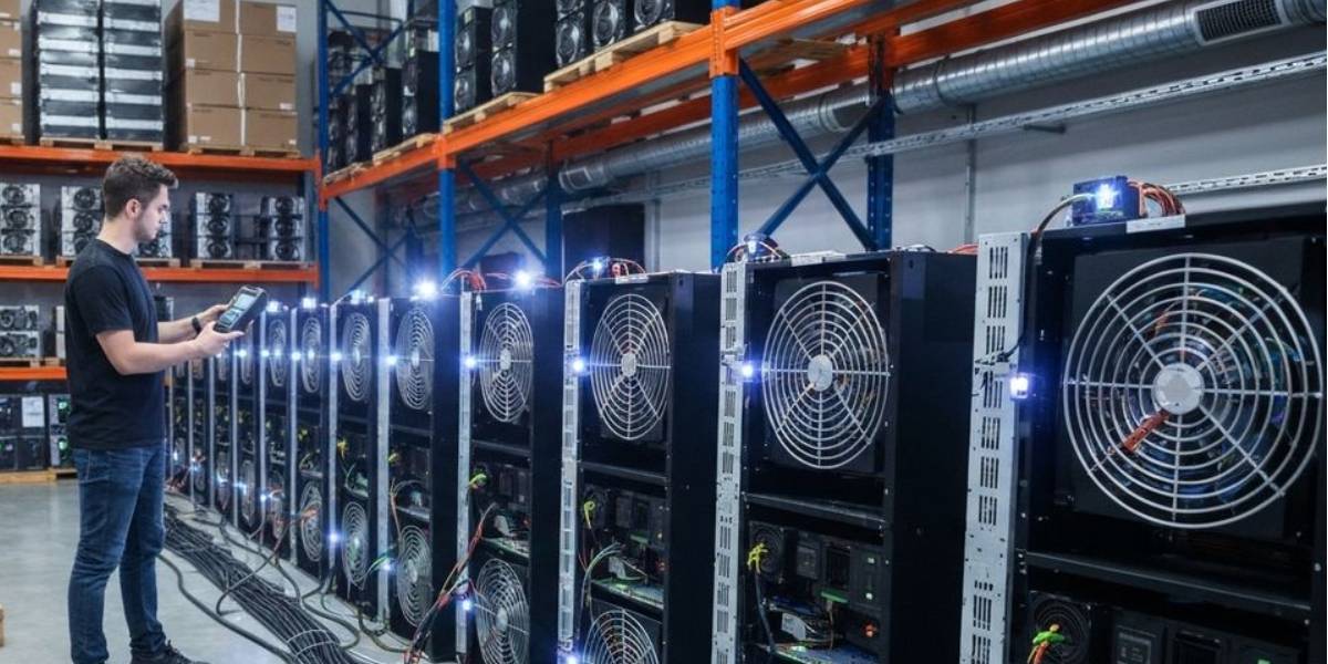 Bitcoin mining payout system monitored by a technician in a crypto mining facility with rows of active ASIC miners.