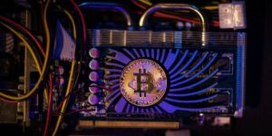 Bitcoin hardware component with a coin symbol, representing key mining pool concepts and crypto mining technology.