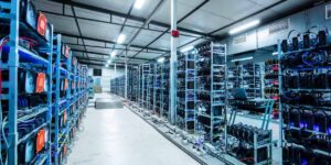 Crypto mining pool facility with rows of GPU mining rigs, cooling fans and connected hardware.