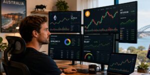 Man reviewing cryptocurrency charts on multiple screens for crypto basics understanding.