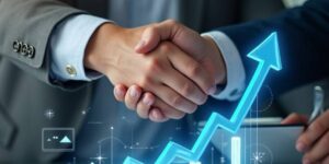 Business handshake with an upward growth arrow, comparing traditional investments versus crypto.