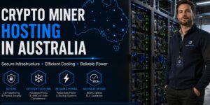 Digital graphic showing Bitcoin mining hardware and secure hosting infrastructure in Australia